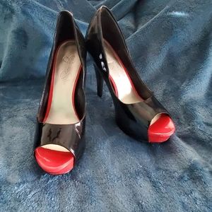 Jessica Simpson black and red peep toe pumps